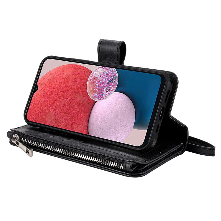 KT Multi-functional Series-4 for Samsung Galaxy A13 4G Shockproof Phone Cover Adjustable Stand PU Leather Wallet Case with Zipper Pocket - Black