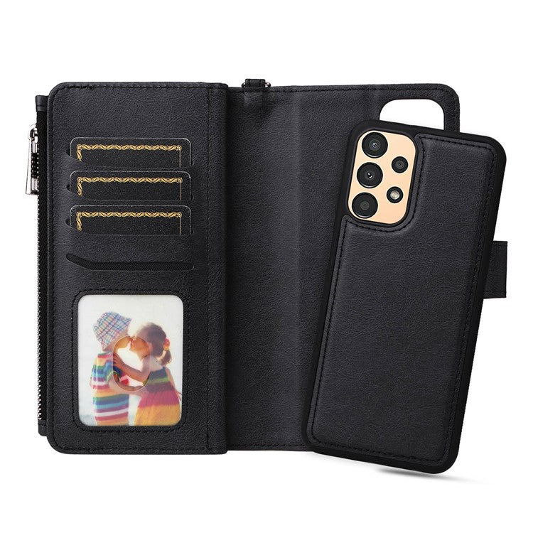 KT Multi-functional Series-4 for Samsung Galaxy A13 4G Shockproof Phone Cover Adjustable Stand PU Leather Wallet Case with Zipper Pocket - Black