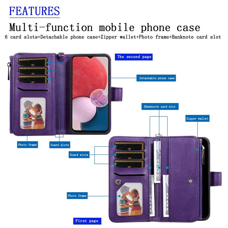 KT Multi-functional Series-4 for Samsung Galaxy A13 4G Shockproof Phone Cover Adjustable Stand PU Leather Wallet Case with Zipper Pocket - Black