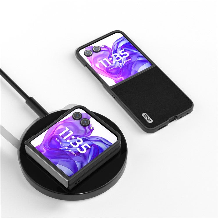 ABEEL For Motorola Razr 50 Ultra 5G Case Genuine Cow Leather+PC Hard Phone Cover - Black