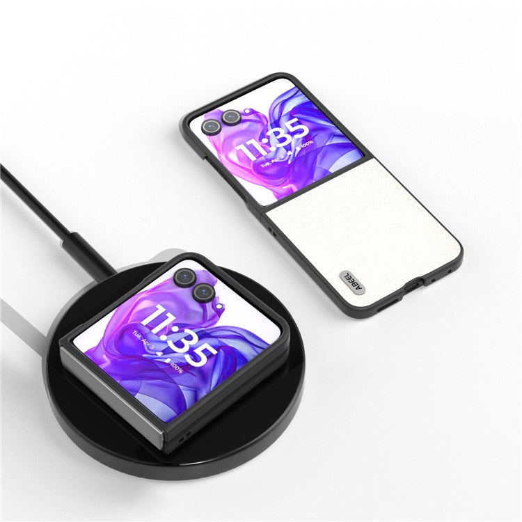 ABEEL For Motorola Razr 50 Ultra 5G Case Genuine Cow Leather+PC Hard Phone Cover - Grey White
