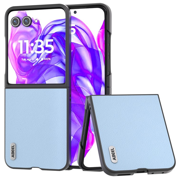 ABEEL For Motorola Razr 50 Ultra 5G Case Genuine Cow Leather+PC Hard Phone Cover - Blue
