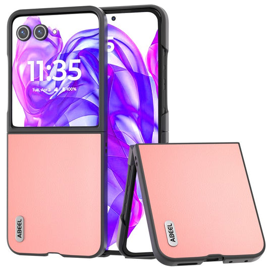 ABEEL For Motorola Razr 50 Ultra 5G Case Genuine Cow Leather+PC Hard Phone Cover - Pink