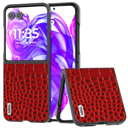 ABEEL For Motorola Razr 50 Ultra 5G Case Genuine Cow Leather Back Phone Cover Crocodile Texture - Red