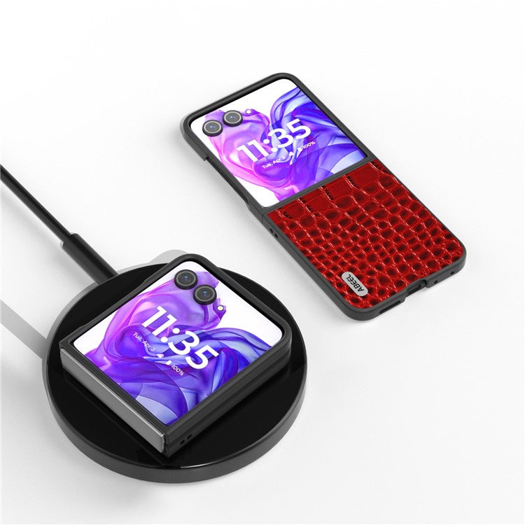 ABEEL For Motorola Razr 50 Ultra 5G Case Genuine Cow Leather Back Phone Cover Crocodile Texture - Red