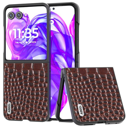 ABEEL For Motorola Razr 50 Ultra 5G Case Genuine Cow Leather Back Phone Cover Crocodile Texture - Coffee