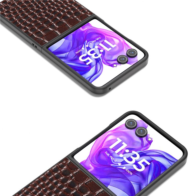 ABEEL For Motorola Razr 50 Ultra 5G Case Genuine Cow Leather Back Phone Cover Crocodile Texture - Coffee