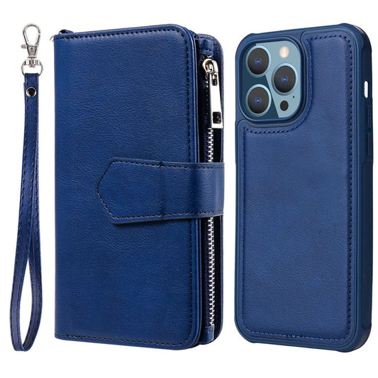 KT Multi-functional Series-4 Stand Wallet Case for iPhone 14 Pro Max, Detachable PU Leather Zipper Pocket Anti-drop Phone Cover - Blue