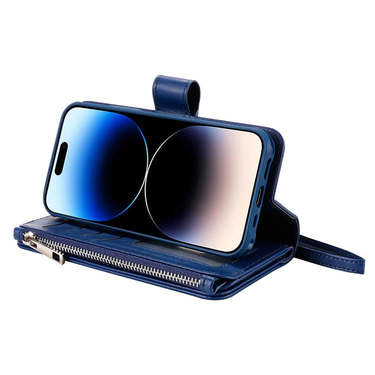 KT Multi-functional Series-4 Stand Wallet Case for iPhone 14 Pro Max, Detachable PU Leather Zipper Pocket Anti-drop Phone Cover - Blue