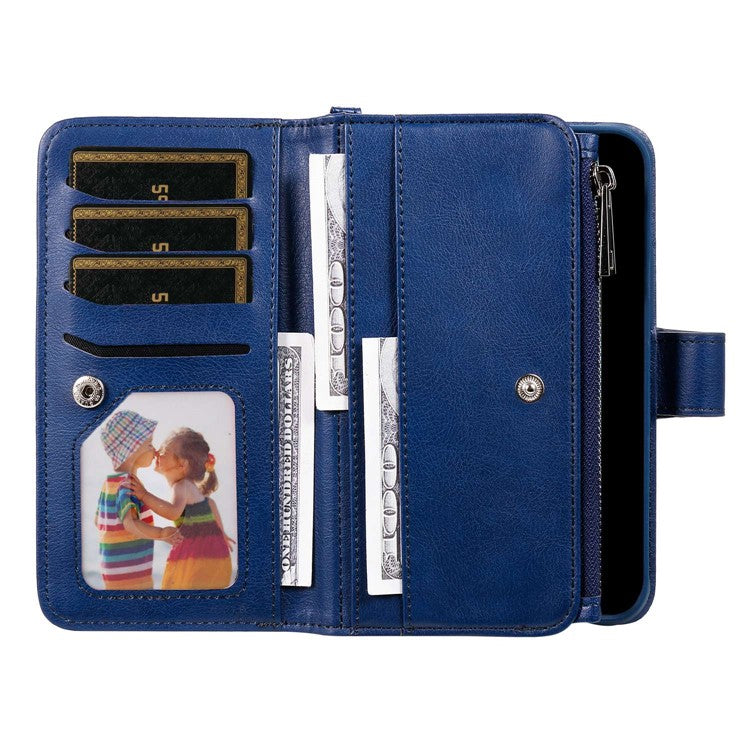 KT Multi-functional Series-4 Stand Wallet Case for iPhone 14 Pro Max, Detachable PU Leather Zipper Pocket Anti-drop Phone Cover - Blue