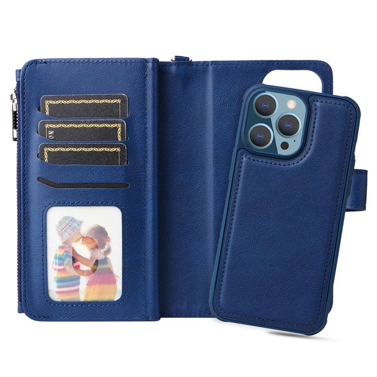 KT Multi-functional Series-4 Stand Wallet Case for iPhone 14 Pro Max, Detachable PU Leather Zipper Pocket Anti-drop Phone Cover - Blue