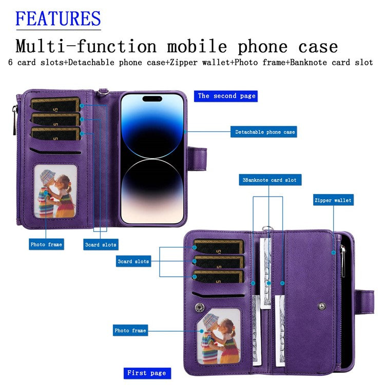 KT Multi-functional Series-4 Stand Wallet Case for iPhone 14 Pro Max, Detachable PU Leather Zipper Pocket Anti-drop Phone Cover - Blue