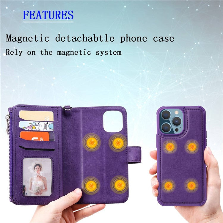 KT Multi-functional Series-4 Stand Wallet Case for iPhone 14 Pro Max, Detachable PU Leather Zipper Pocket Anti-drop Phone Cover - Blue
