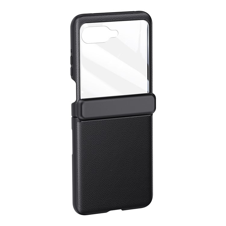 For Motorola Razr 50 5G Case Hinge Protection PU Leather+PC Phone Cover with Rear Small Screen Protector - Black