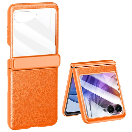 For Motorola Razr 50 5G Case Hinge Protection PU Leather+PC Phone Cover with Rear Small Screen Protector - Orange