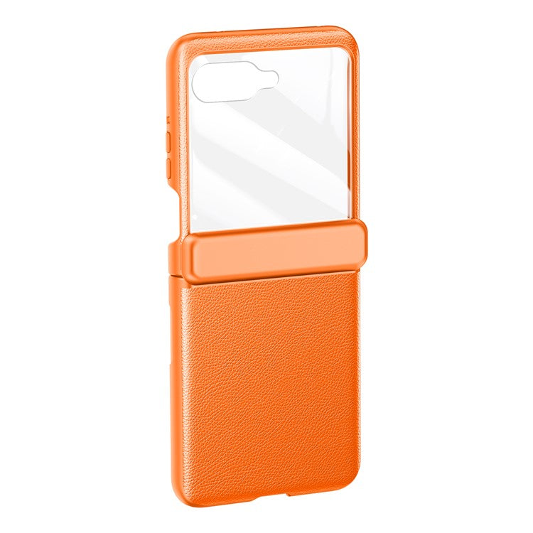 For Motorola Razr 50 5G Case Hinge Protection PU Leather+PC Phone Cover with Rear Small Screen Protector - Orange