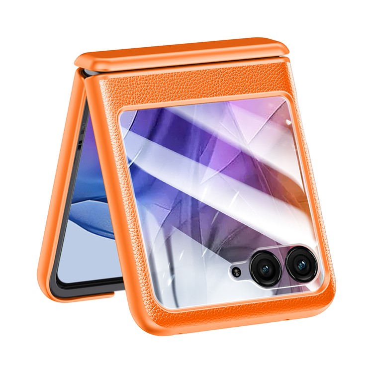 For Motorola Razr 50 5G Case Hinge Protection PU Leather+PC Phone Cover with Rear Small Screen Protector - Orange