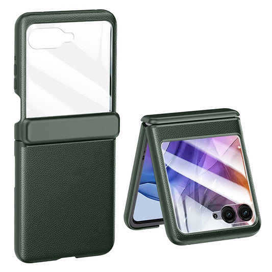 For Motorola Razr 50 5G Case Hinge Protection PU Leather+PC Phone Cover with Rear Small Screen Protector - Green