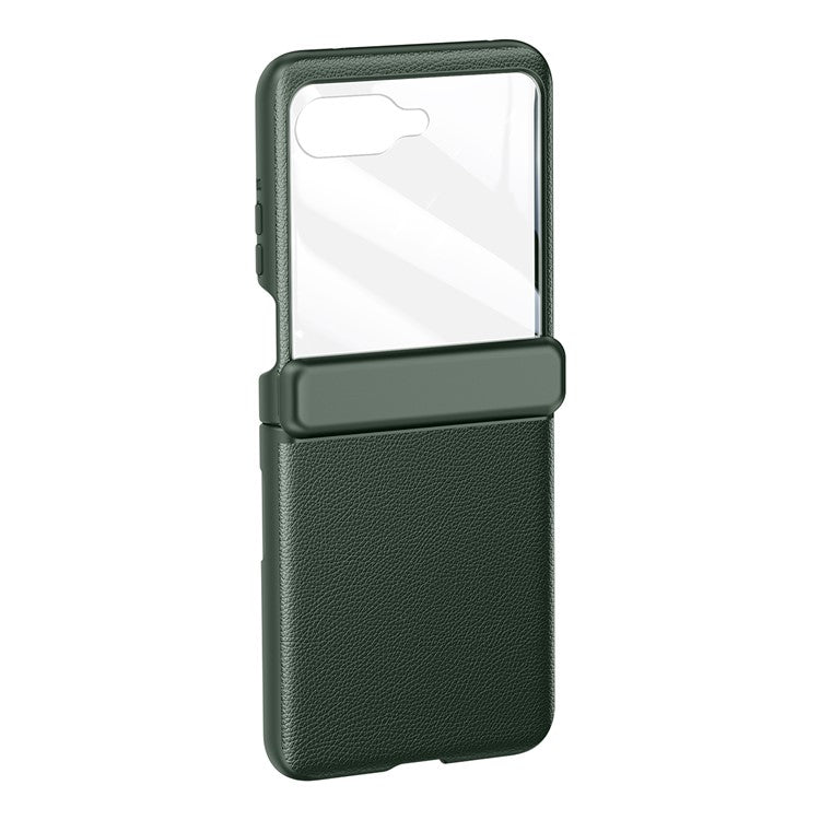 For Motorola Razr 50 5G Case Hinge Protection PU Leather+PC Phone Cover with Rear Small Screen Protector - Green