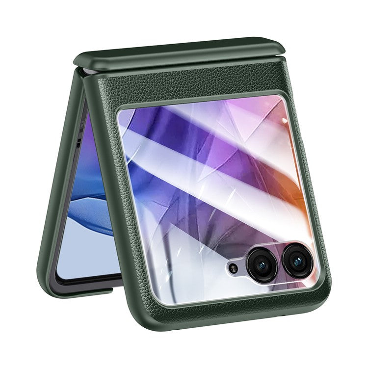 For Motorola Razr 50 5G Case Hinge Protection PU Leather+PC Phone Cover with Rear Small Screen Protector - Green