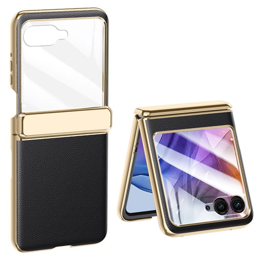 For Motorola Razr 50 5G Case Electroplated PU Leather+PC Phone Cover with Rear Small Screen Protector - Black