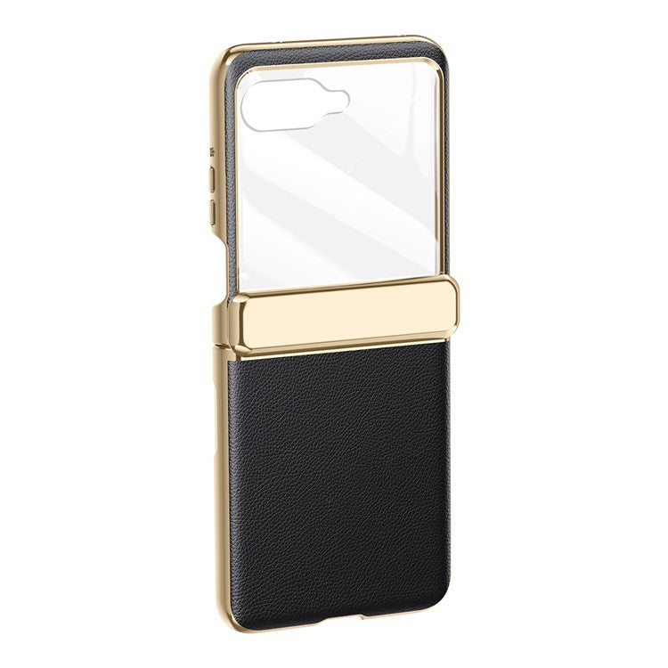 For Motorola Razr 50 5G Case Electroplated PU Leather+PC Phone Cover with Rear Small Screen Protector - Black