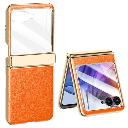 For Motorola Razr 50 5G Case Electroplated PU Leather+PC Phone Cover with Rear Small Screen Protector - Orange