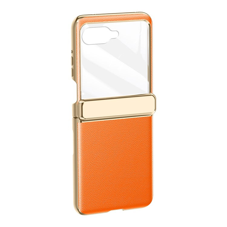 For Motorola Razr 50 5G Case Electroplated PU Leather+PC Phone Cover with Rear Small Screen Protector - Orange