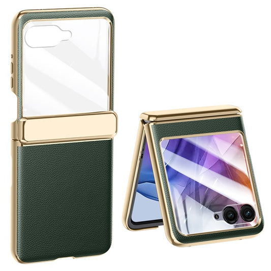 For Motorola Razr 50 5G Case Electroplated PU Leather+PC Phone Cover with Rear Small Screen Protector - Green