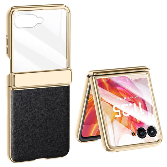 For Motorola Razr 50 Ultra 5G Case with Rear Small Screen Protector Hinge Protection Leather Back Cover Electroplated Edge - Black