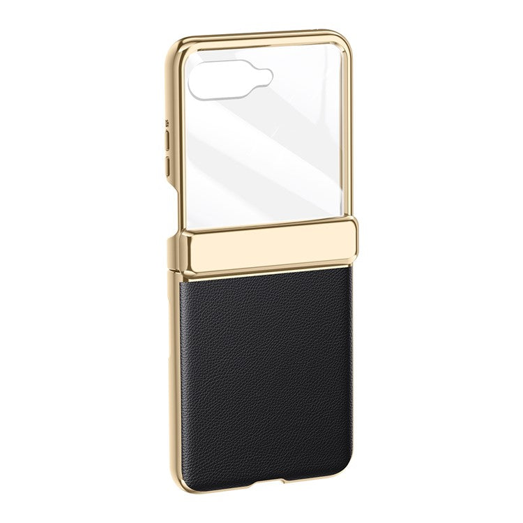 For Motorola Razr 50 Ultra 5G Case with Rear Small Screen Protector Hinge Protection Leather Back Cover Electroplated Edge - Black