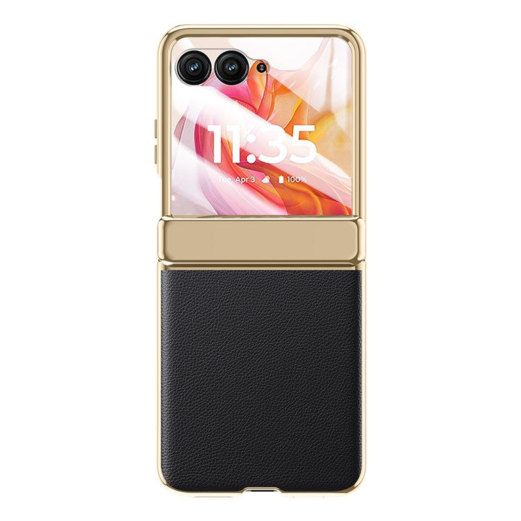 For Motorola Razr 50 Ultra 5G Case with Rear Small Screen Protector Hinge Protection Leather Back Cover Electroplated Edge - Black