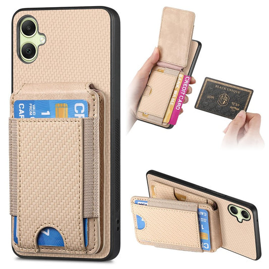 C1-12 For Samsung Galaxy A05 4G Case Carbon Fibre Leather Coated PC + TPU Phone Cover Kickstand - Khaki