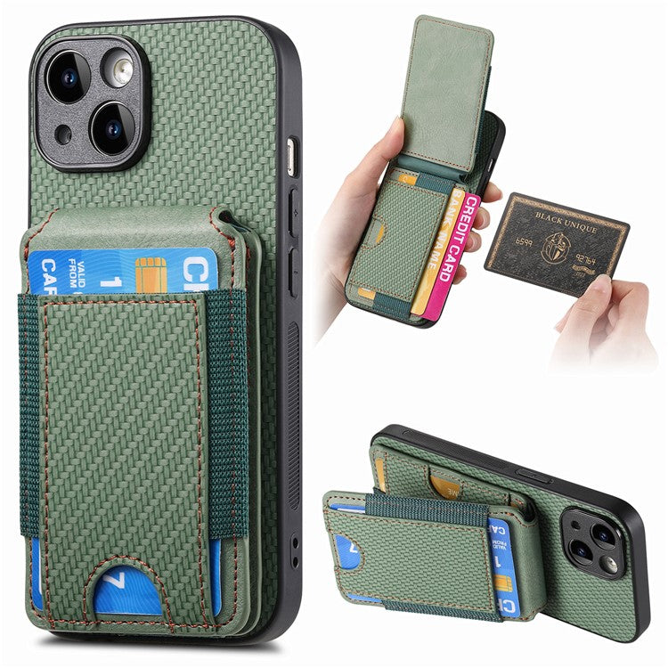 C1-12 For iPhone 14 Case Card Slots Kickstand Leather Carbon Fiber Texture Back Cover - Green