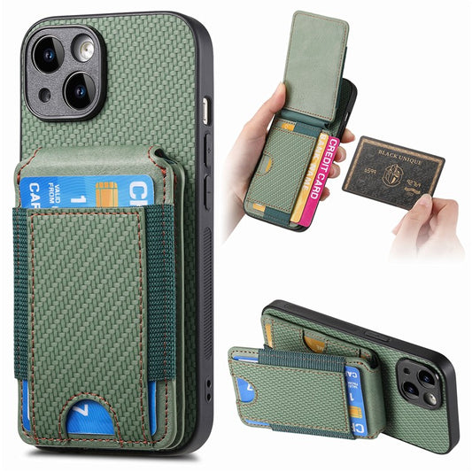 C1-12 For iPhone 14 Case Card Slots Kickstand Leather Carbon Fiber Texture Back Cover - Green