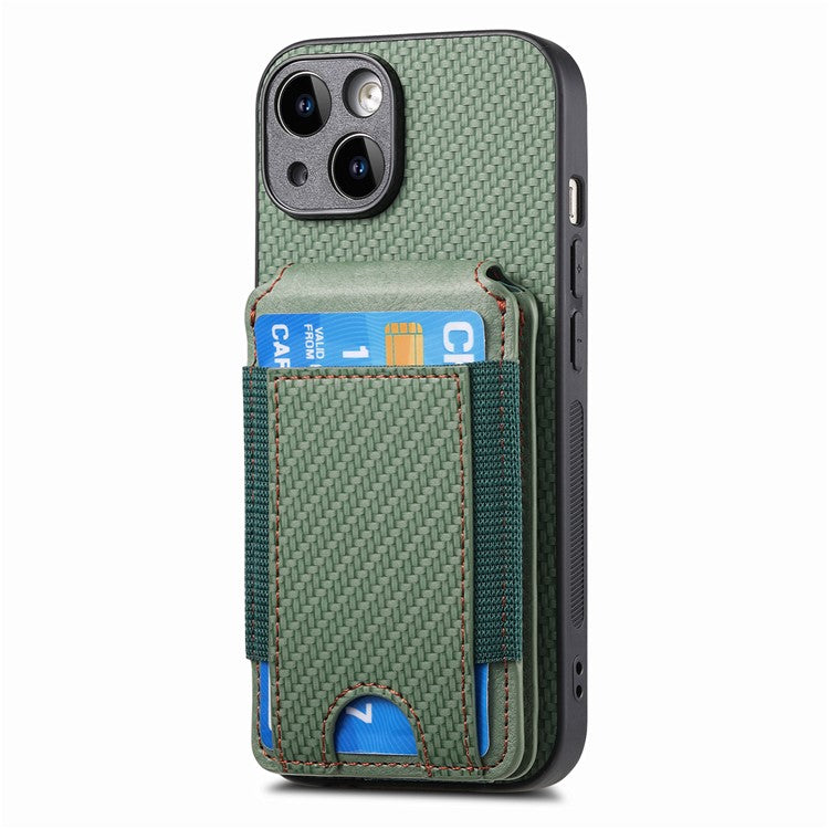 C1-12 For iPhone 14 Case Card Slots Kickstand Leather Carbon Fiber Texture Back Cover - Green