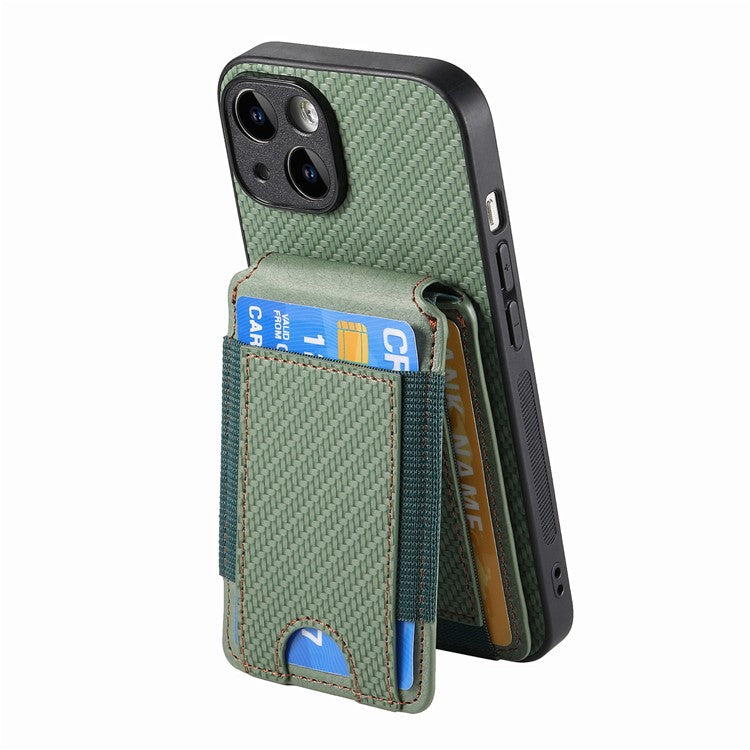 C1-12 For iPhone 14 Case Card Slots Kickstand Leather Carbon Fiber Texture Back Cover - Green