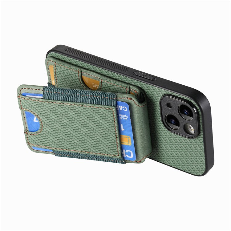 C1-12 For iPhone 14 Case Card Slots Kickstand Leather Carbon Fiber Texture Back Cover - Green