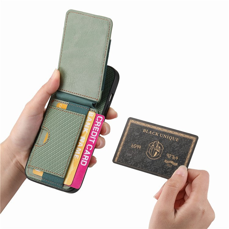 C1-12 For iPhone 14 Case Card Slots Kickstand Leather Carbon Fiber Texture Back Cover - Green