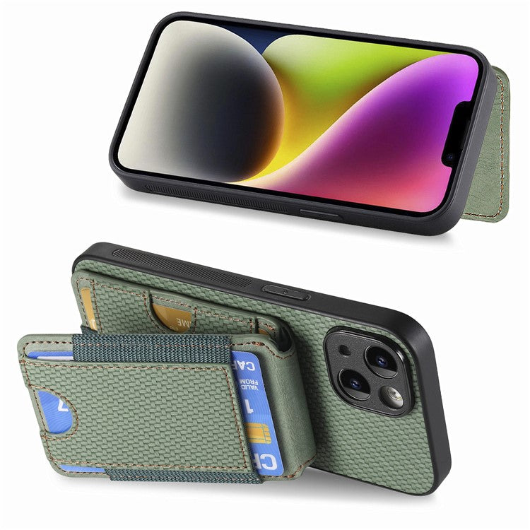 C1-12 For iPhone 14 Case Card Slots Kickstand Leather Carbon Fiber Texture Back Cover - Green