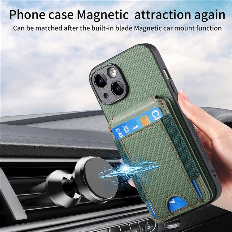 C1-12 For iPhone 14 Case Card Slots Kickstand Leather Carbon Fiber Texture Back Cover - Green