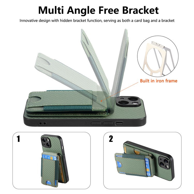 C1-12 For iPhone 14 Case Card Slots Kickstand Leather Carbon Fiber Texture Back Cover - Green