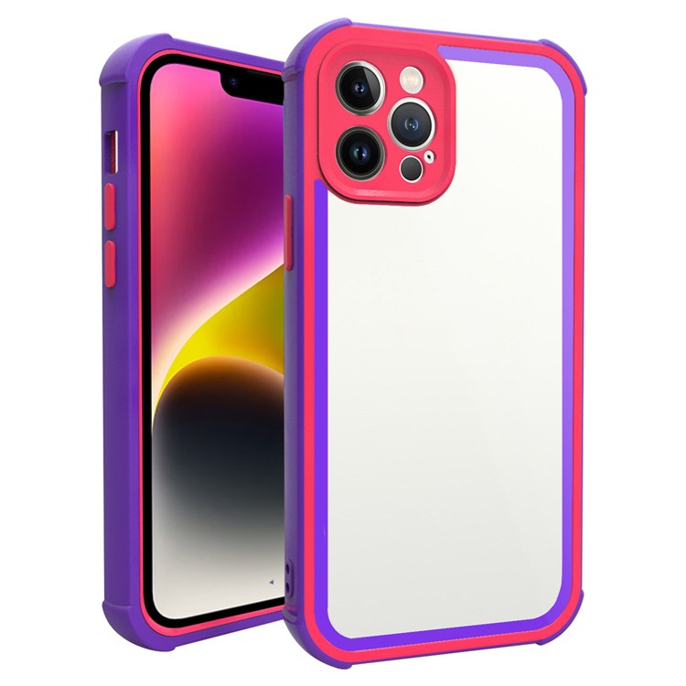 For iPhone 14 Clear Case Hard Acrylic Back TPU+PC Bumper Frame Shockproof Anti Drop Protective Phone Cover - Blue Purple / Rose