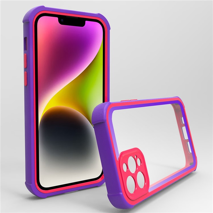 For iPhone 14 Clear Case Hard Acrylic Back TPU+PC Bumper Frame Shockproof Anti Drop Protective Phone Cover - Blue Purple / Rose