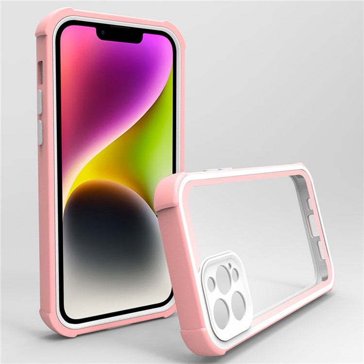 For iPhone 14 Clear Case Hard Acrylic Back TPU+PC Bumper Frame Shockproof Anti Drop Protective Phone Cover - Rose Gold / White