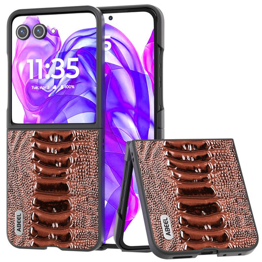 ABEEL For Motorola Razr 50 Ultra 5G Case Genuine Cow Leather+PC Cover Crocodile Texture - Coffee