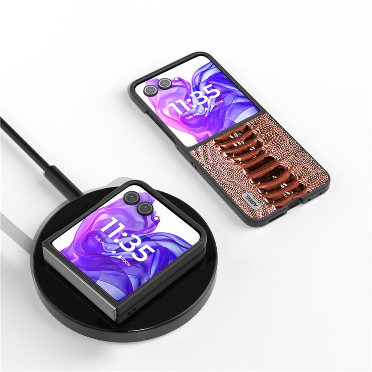 ABEEL For Motorola Razr 50 Ultra 5G Case Genuine Cow Leather+PC Cover Crocodile Texture - Coffee