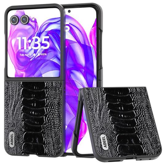 ABEEL For Motorola Razr 50 Ultra 5G Case Genuine Cow Leather+PC Cover Crocodile Texture - Black