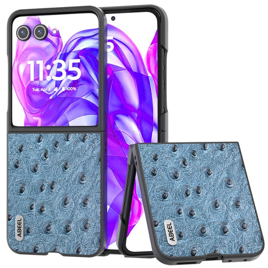 ABEEL For Motorola Razr 50 Ultra 5G Case Ostrich Texture Genuine Cow Leather+PC Phone Cover - Blue