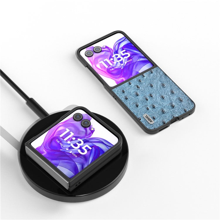 ABEEL For Motorola Razr 50 Ultra 5G Case Ostrich Texture Genuine Cow Leather+PC Phone Cover - Blue